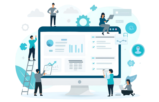 Illustration showing small business owners reviewing website analytics on a large screen to explain how the website audit process works.