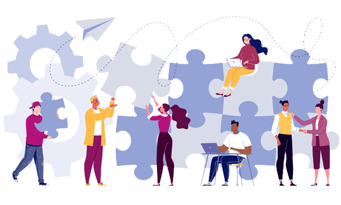 Illustration of agency teams collaborating with a white label web development partner to deliver projects