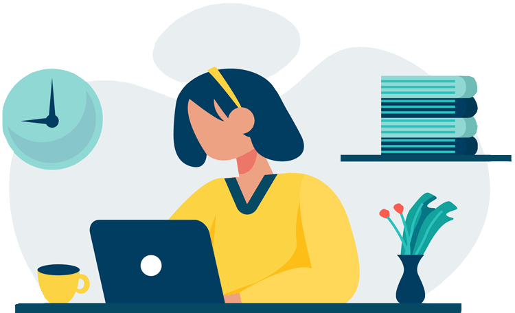 Illustration of a website partner for small business owner working at a laptop with books and a clock