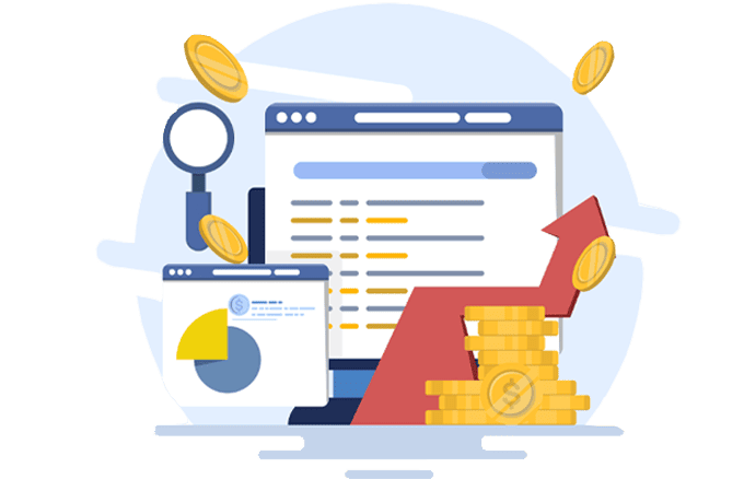 Illustration representing small business SEO services with charts, analytics, and growth results